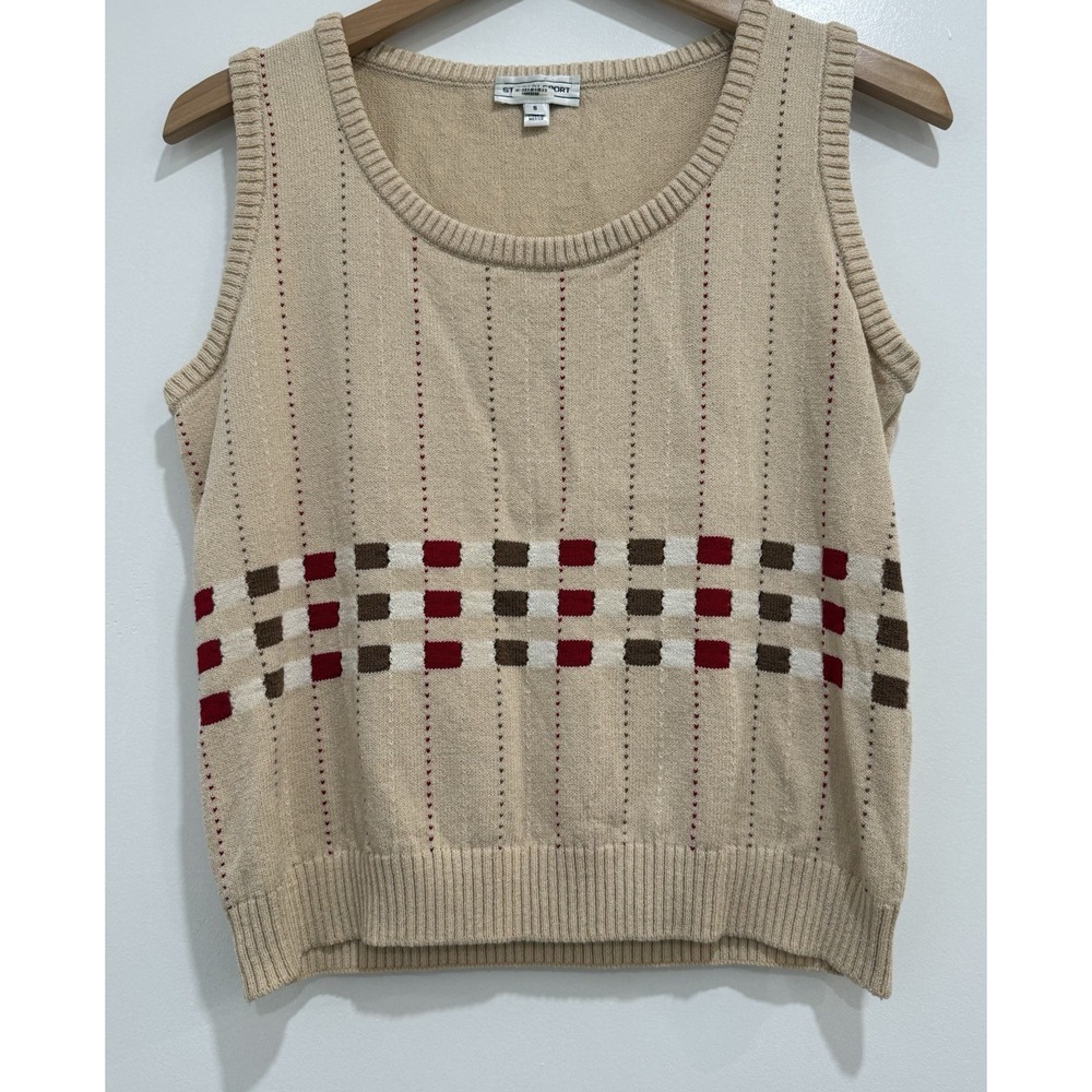 ST. JOHN SPORT Santana Checkered Sweater Tank Top Beige Wool‎ Blend Sz S